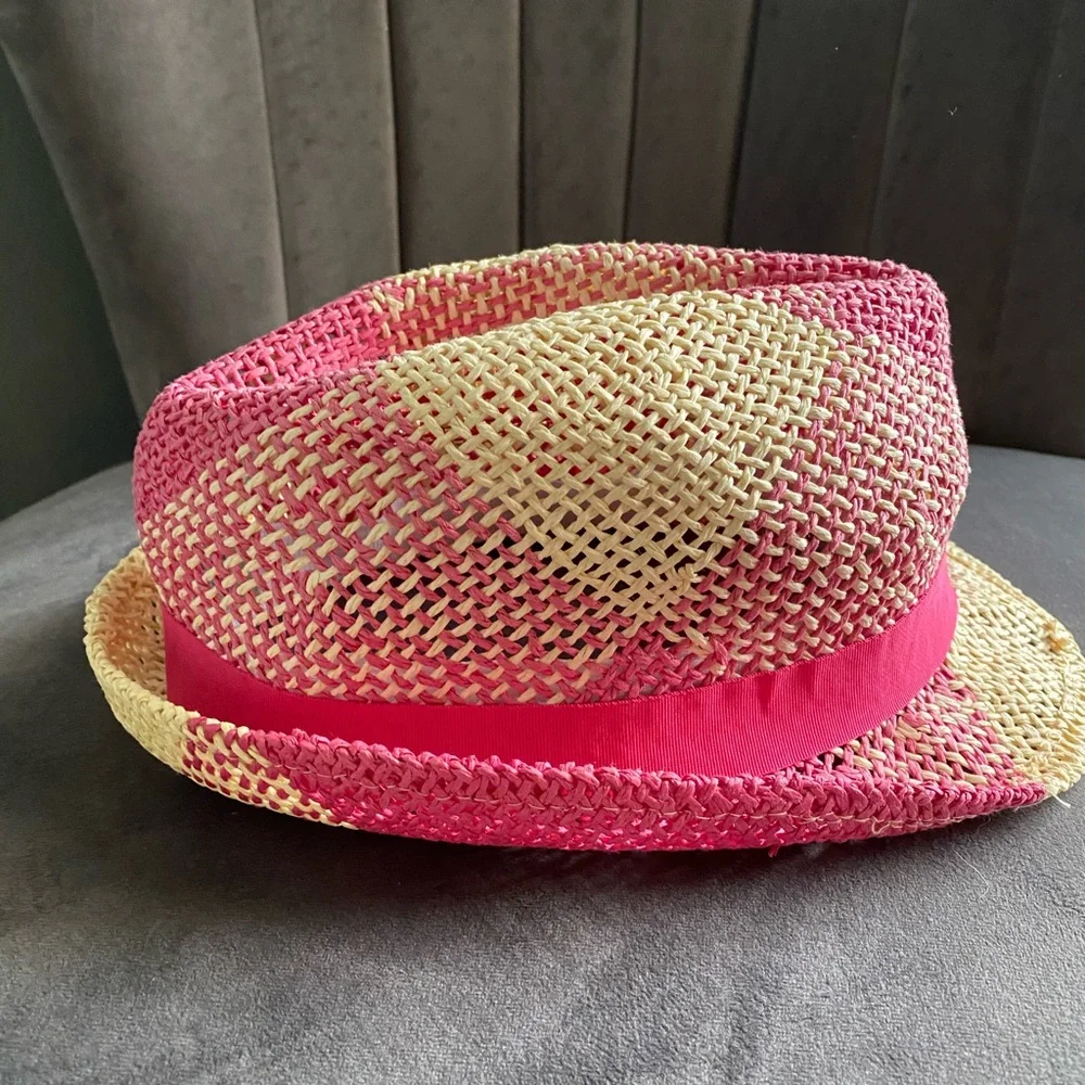 Nicole Marciano tan and pink straw fedora hat